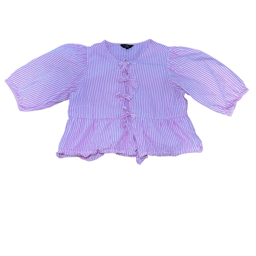 Velvet Heart Pink White Striped Bow Front Peplum Blouse Puff Sleeve sz L cottage